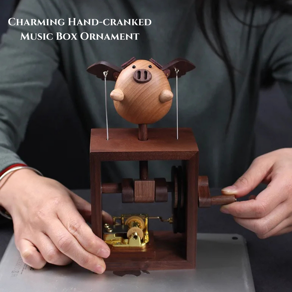 Handcrafted Wooden Flying Pig Music Box