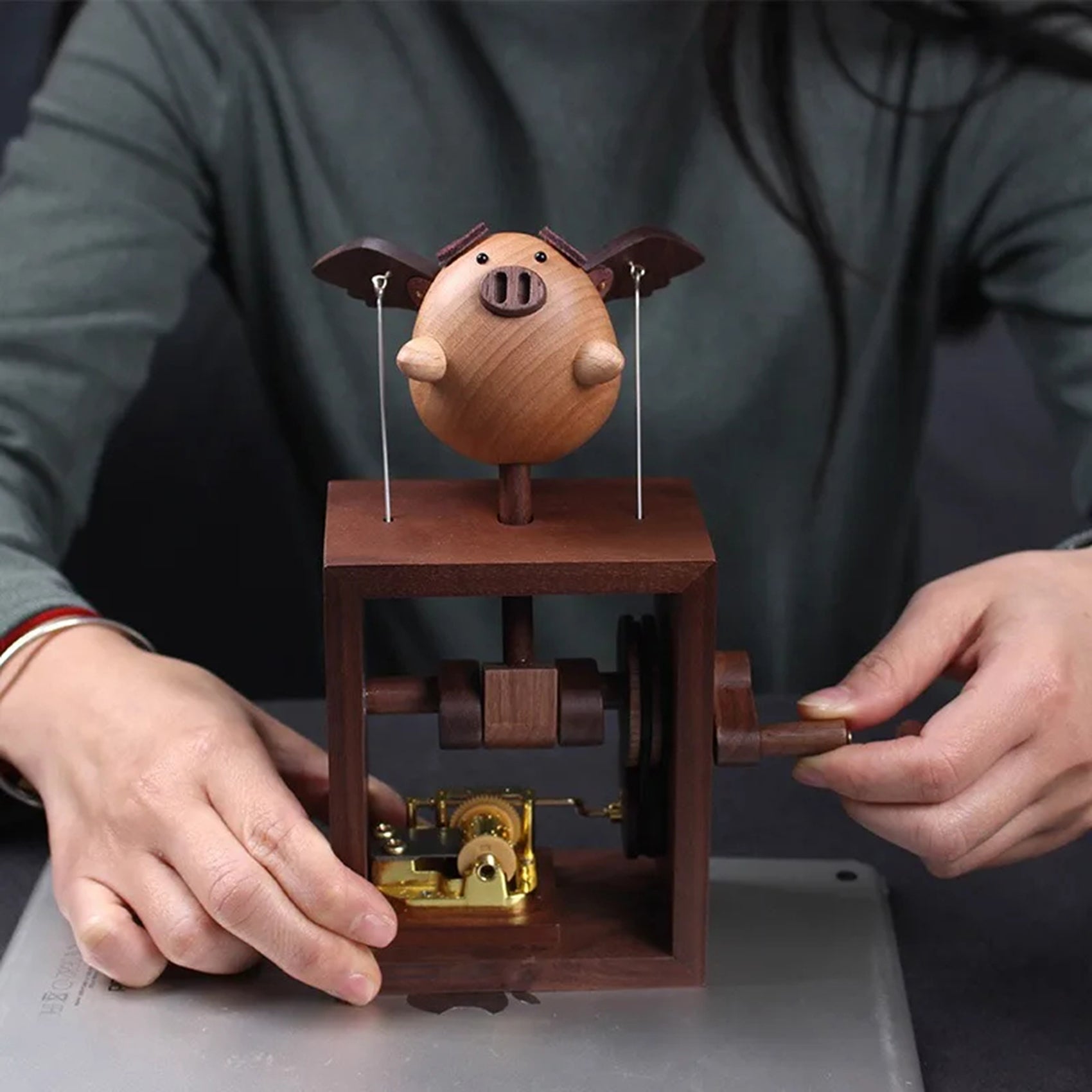 Handcrafted Wooden Flying Pig Music Box